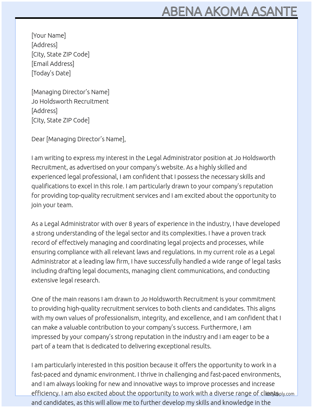 Legal Administrator  At Jo Holdsworth Recruitment  Cover Letter