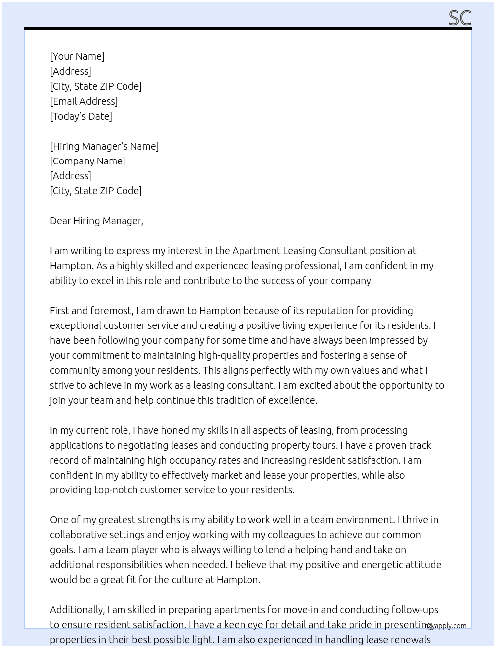 Apartment Leasing Consultant At Hampton Cover Letter