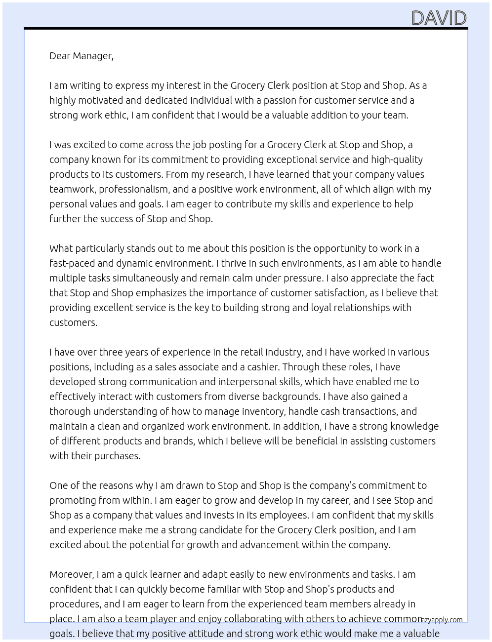 Grocery Clerk At Stop and Shop Cover Letter
