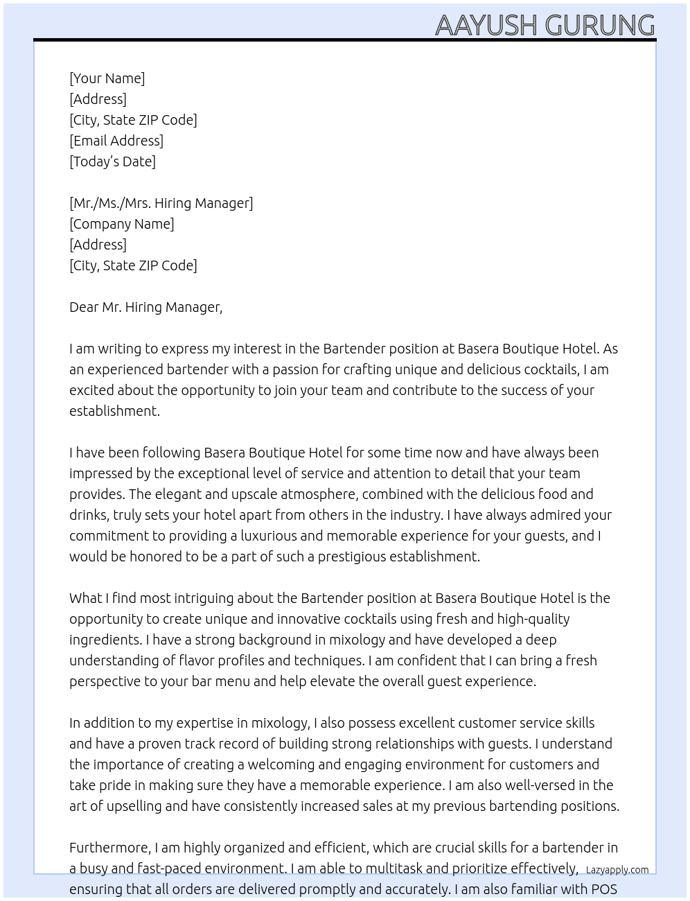 Bartendar At Basera BoutiqueHotel Cover Letter