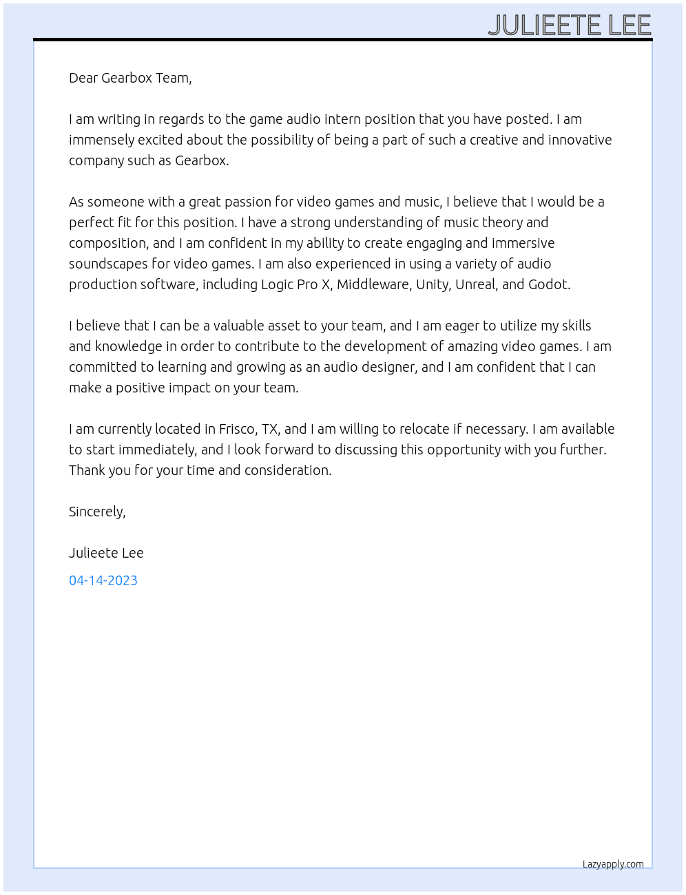 Game audio intern At Gearbox Cover Letter