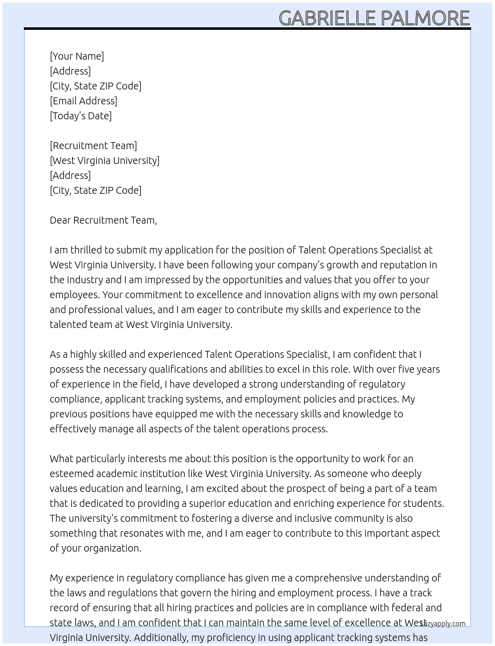 Talent Operations Specialist At West Virginia University Cover Letter