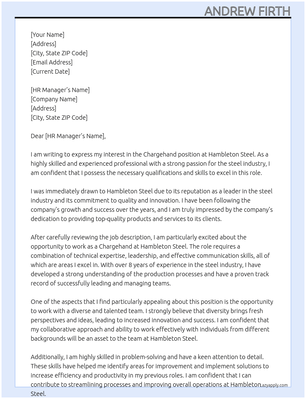 Chargehand At Hambleton Steel Cover Letter