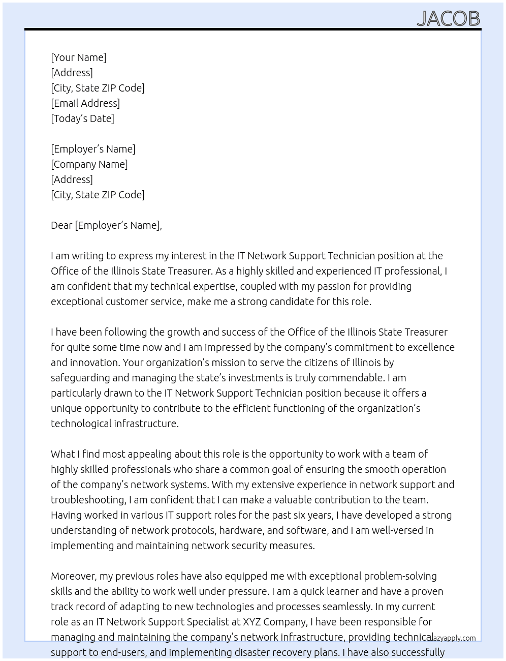 IT Network Support Technician At Office of the Illinois State Treasurer Cover Letter