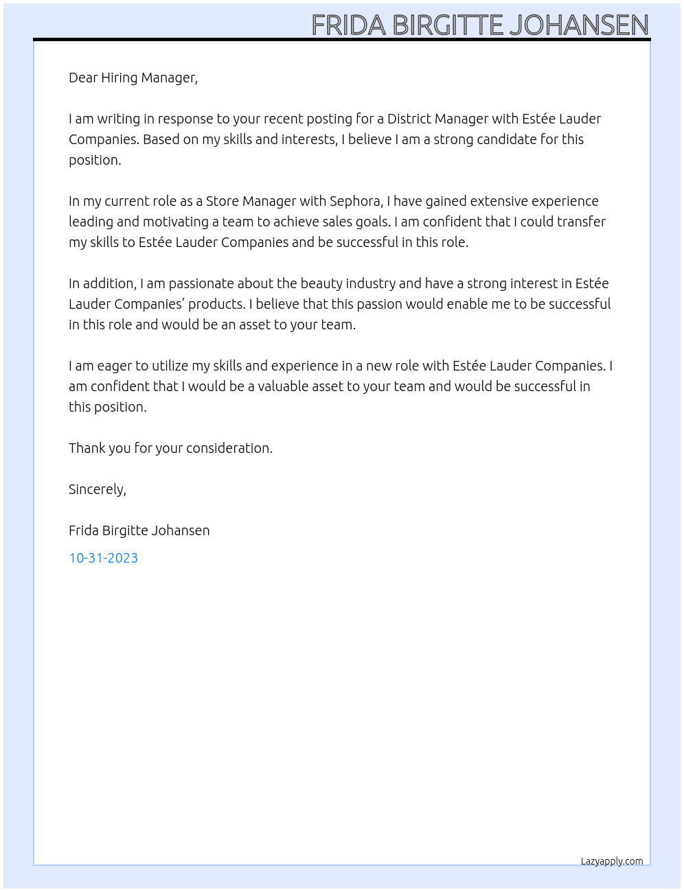 District manager At ESTÉE LAUDER COMPANIES Cover Letter