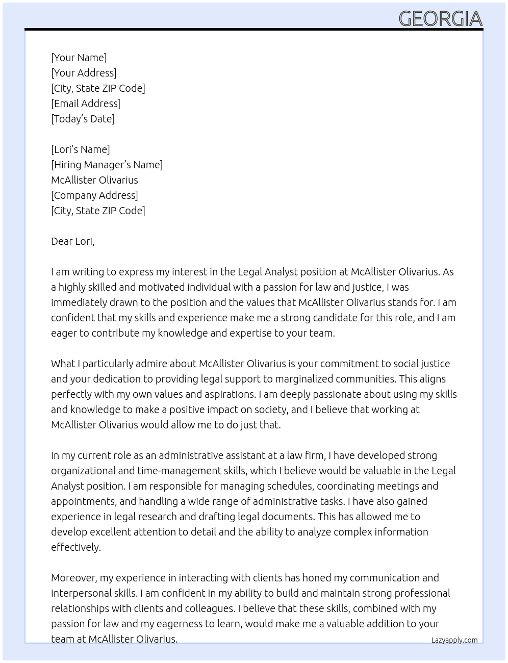 Legal Analyst At McAllister Olivarius Cover Letter