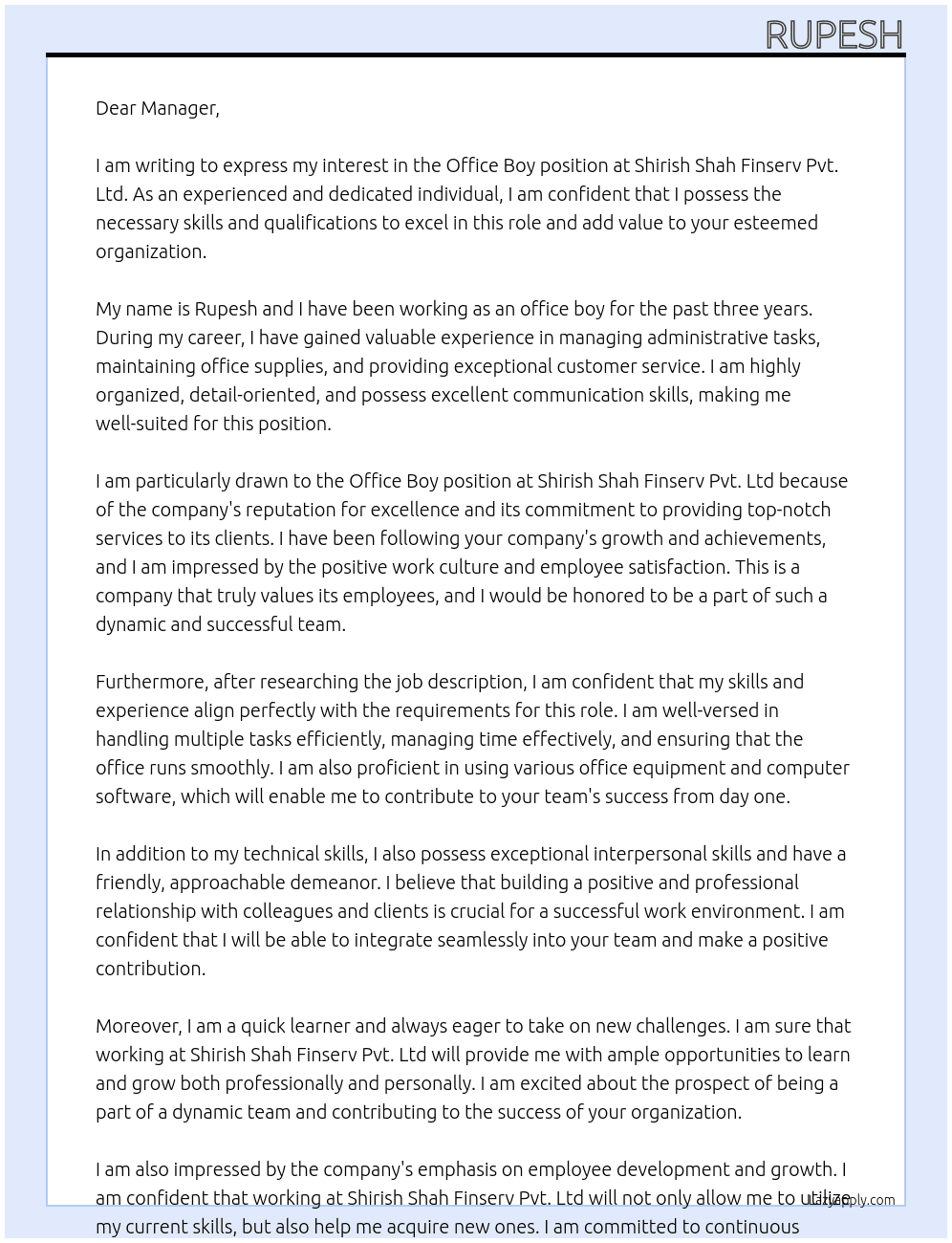 office boy At Shirish shah Finserv pvt,ltd Cover Letter