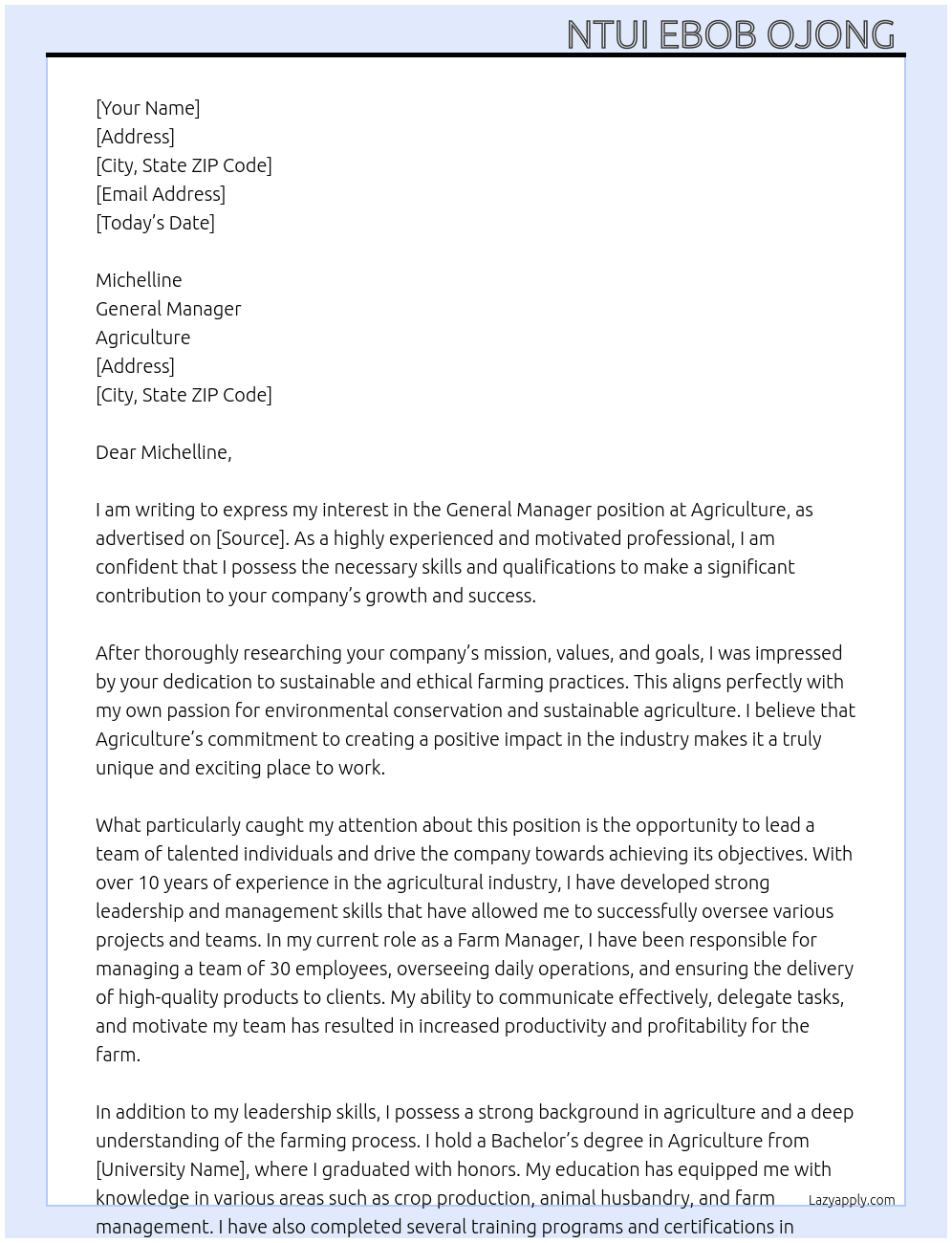 General Manager At Agriculture Cover Letter