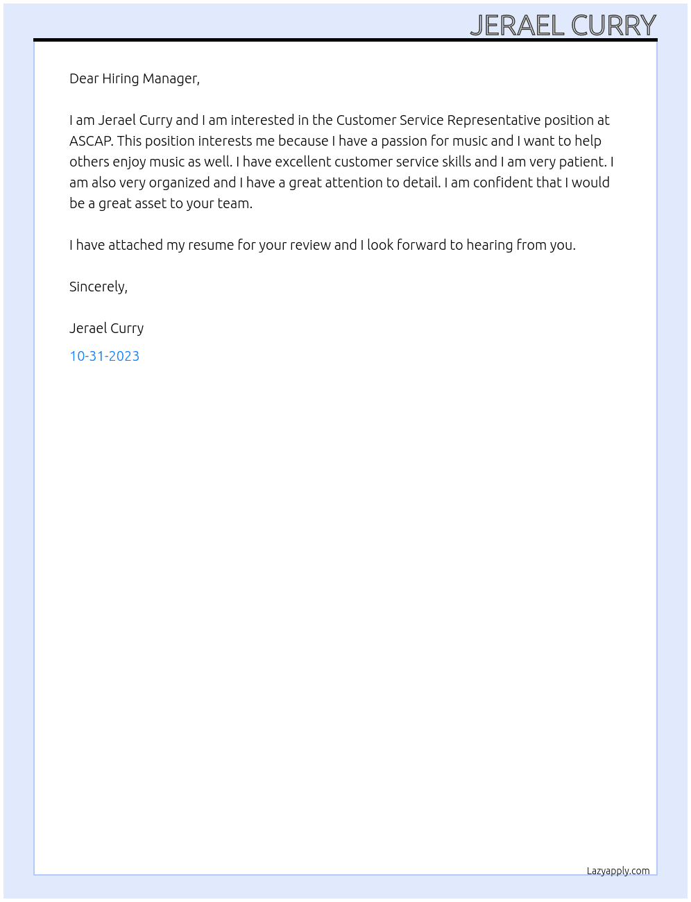 Customer Service Representative  At ASCAP Cover Letter