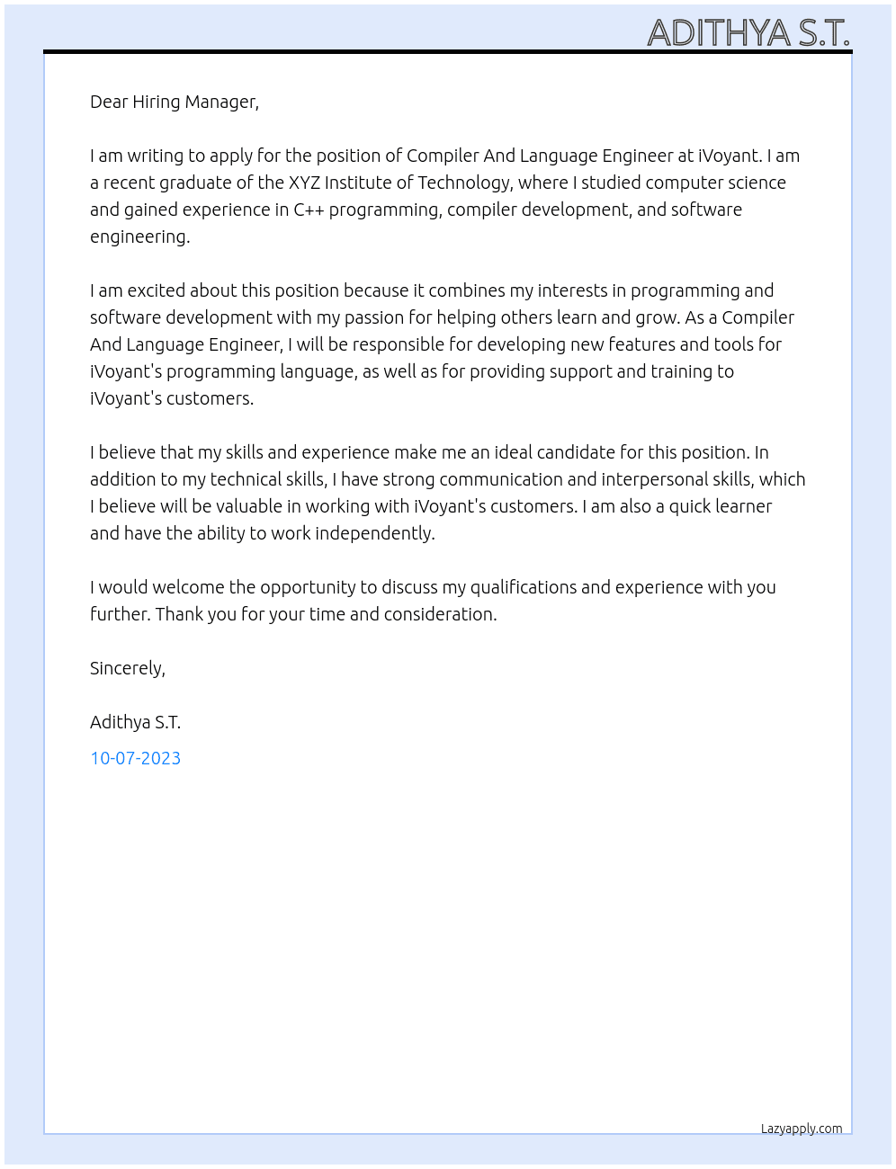 Compiler And Language Engineer At iVoyant Cover Letter