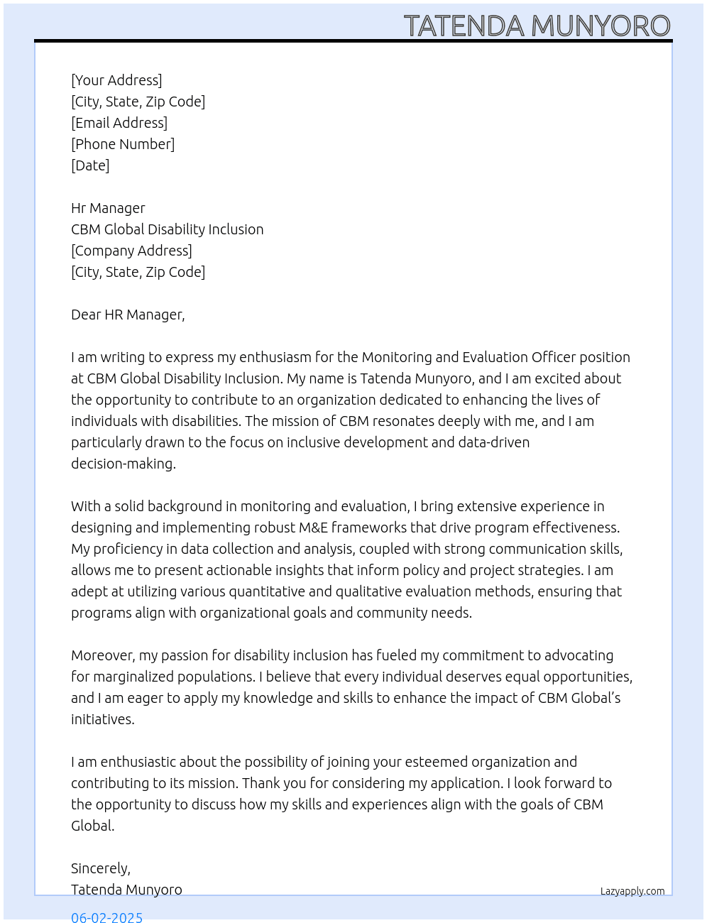 Monitoring and evaluation  officer At CBM global  disability inclusion  Cover Letter
