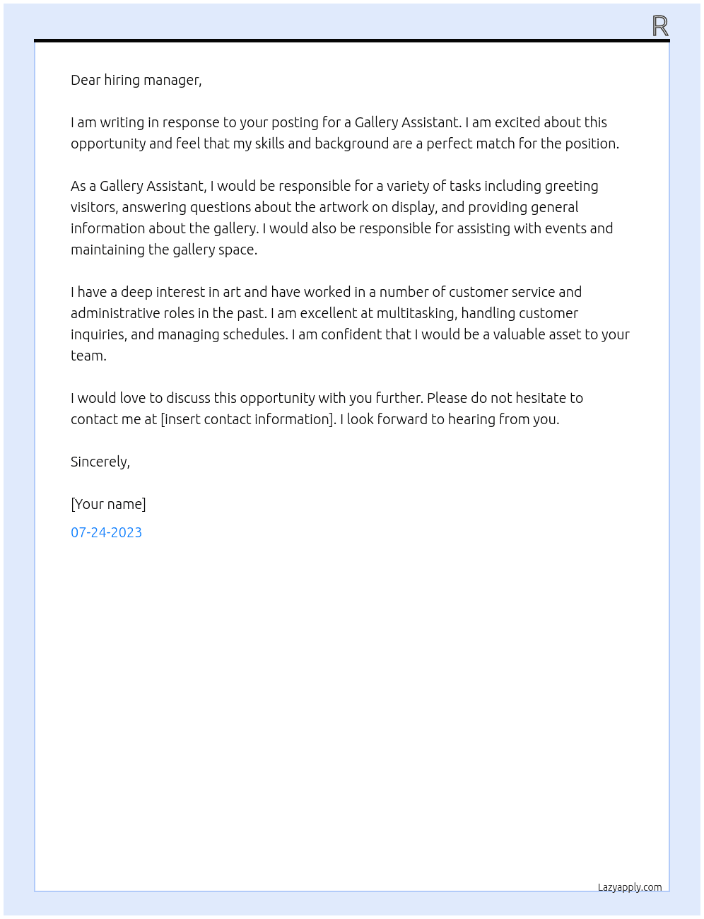 Gallery Assistant At r Cover Letter