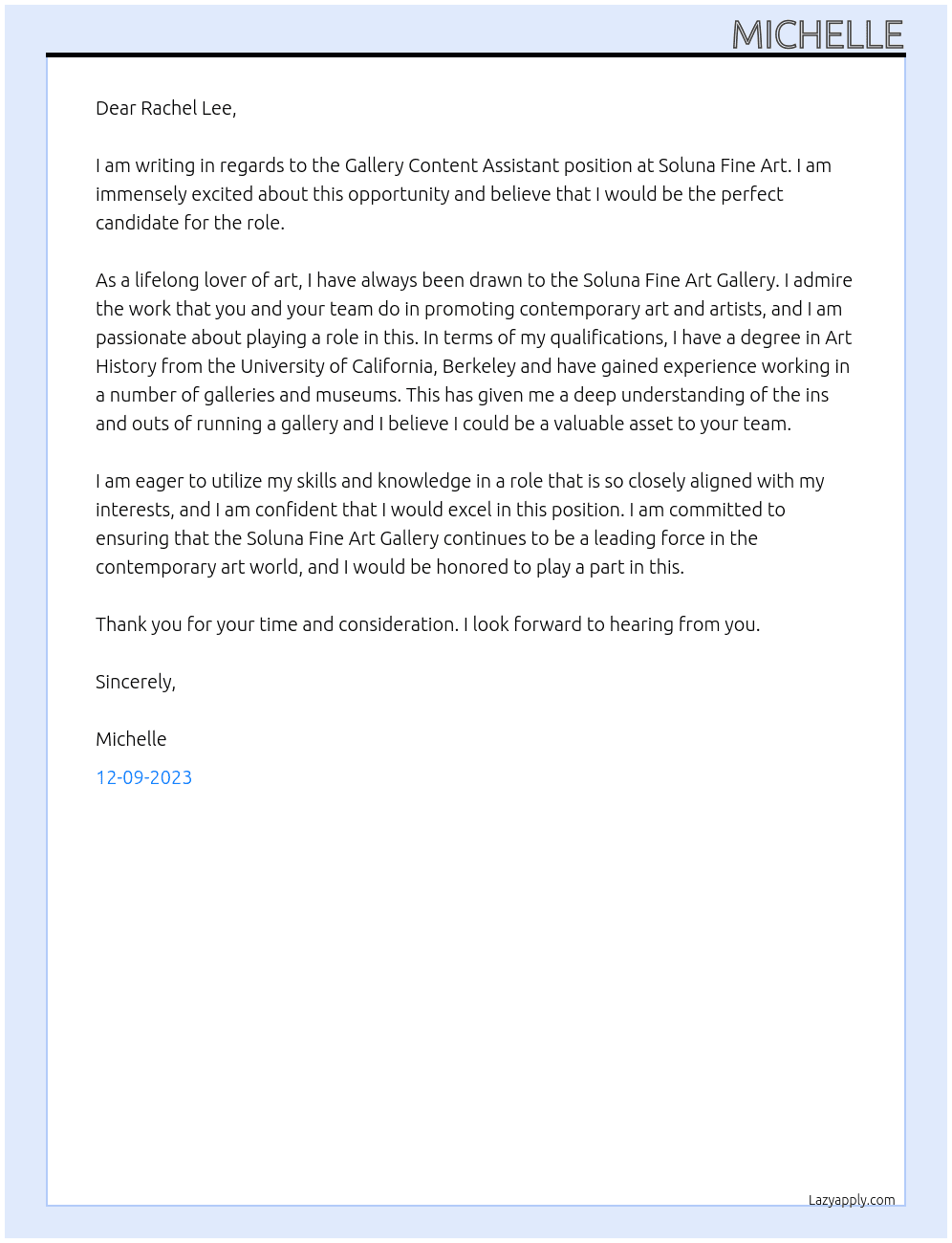 Gallery Content Assistant At Soluna Fine Art Cover Letter