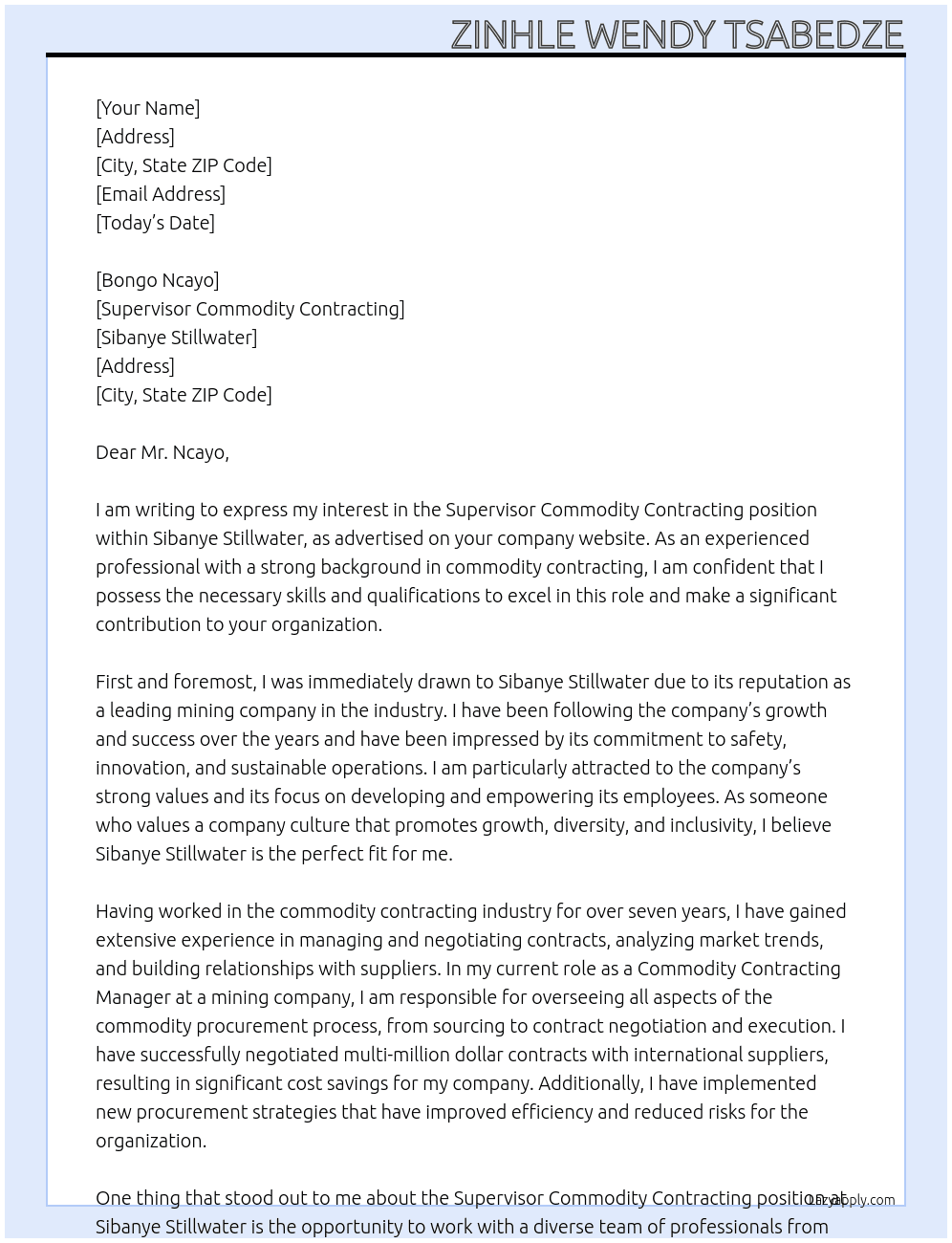 Cover letter for supervisor commodity contracting - LazyApply