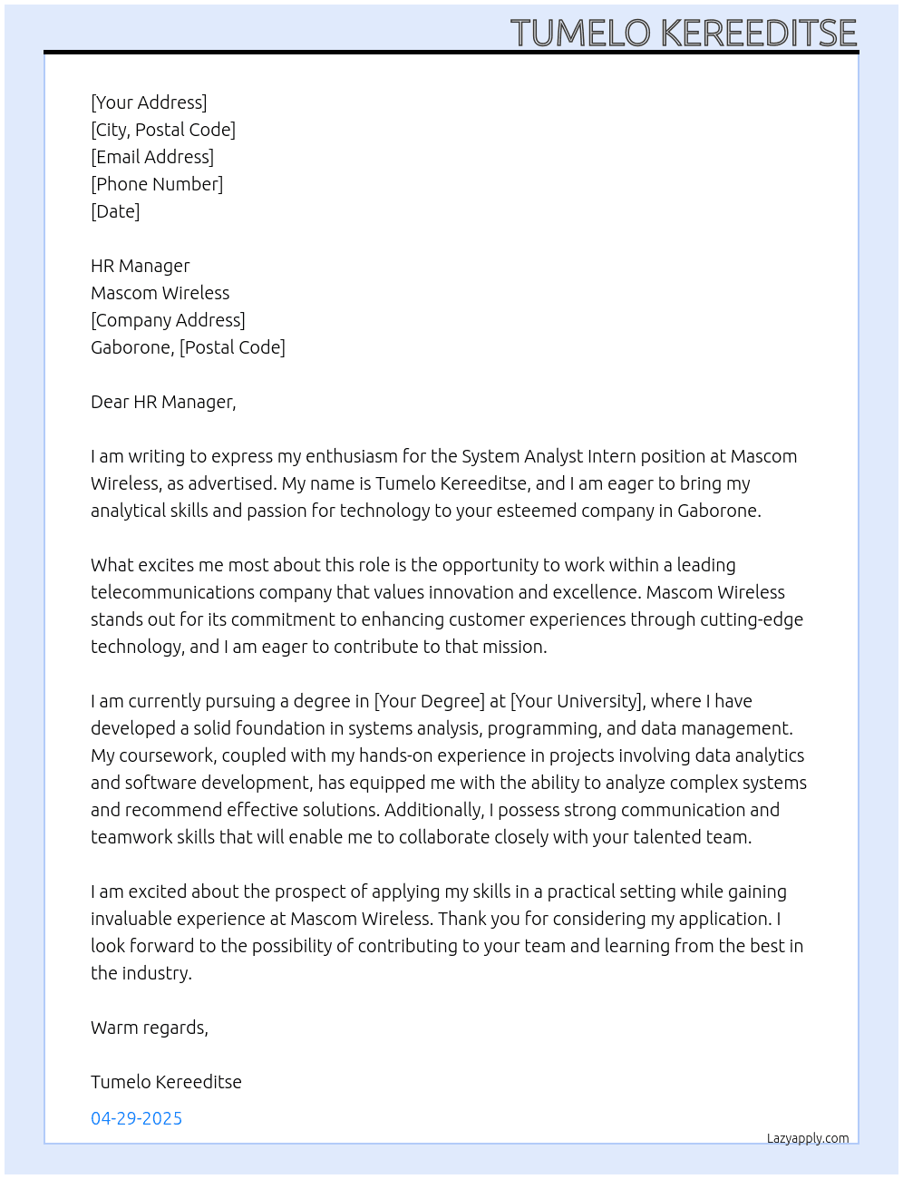 System analyst intern At Mascom wireless Cover Letter