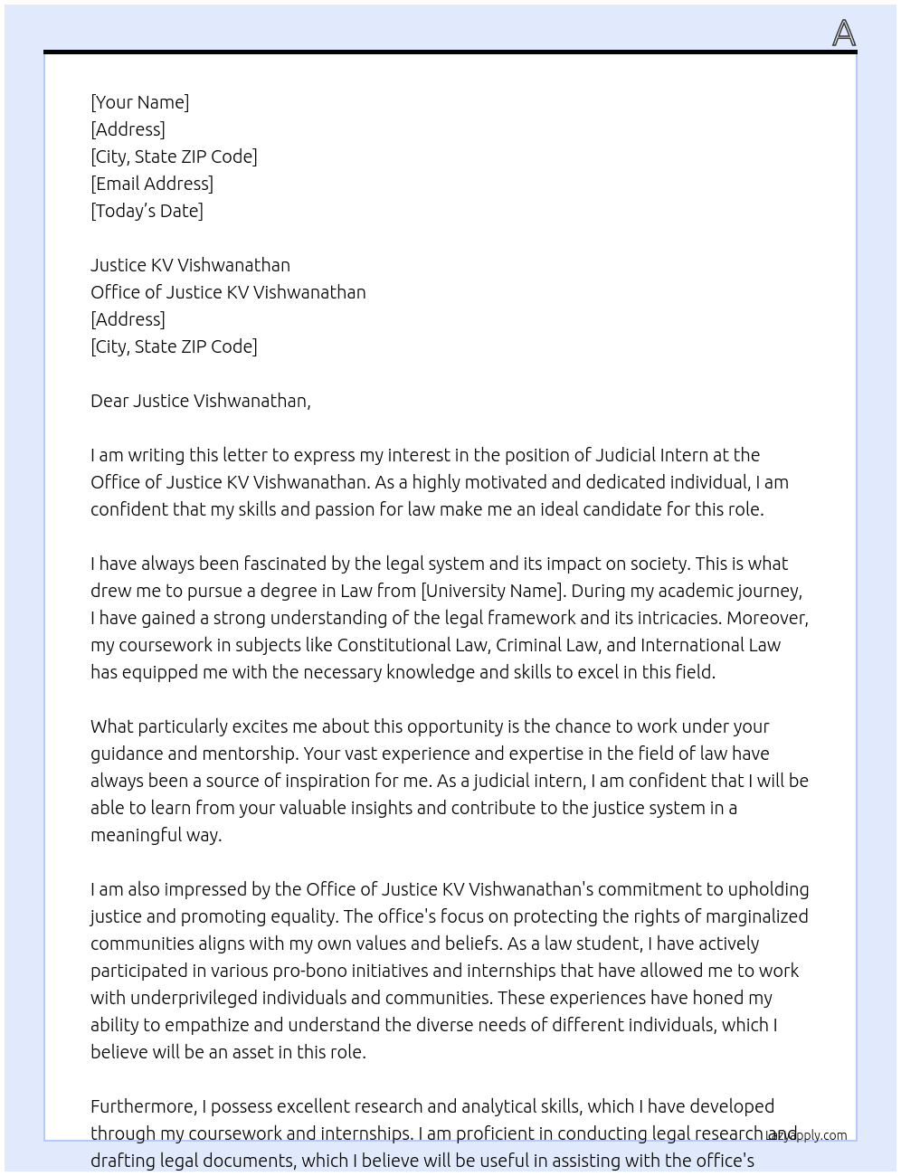 Judicial Intern At Office of Justice KV Vishwanathan Cover Letter