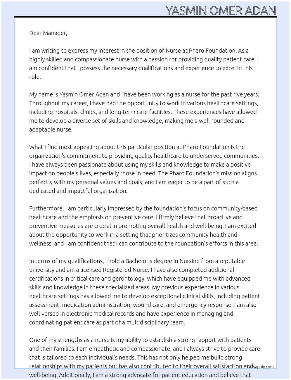 Nurse At Pharo Foundation  Cover Letter