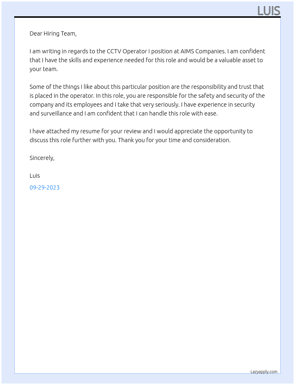 CCTV Operator I At AIMS Companies Cover Letter