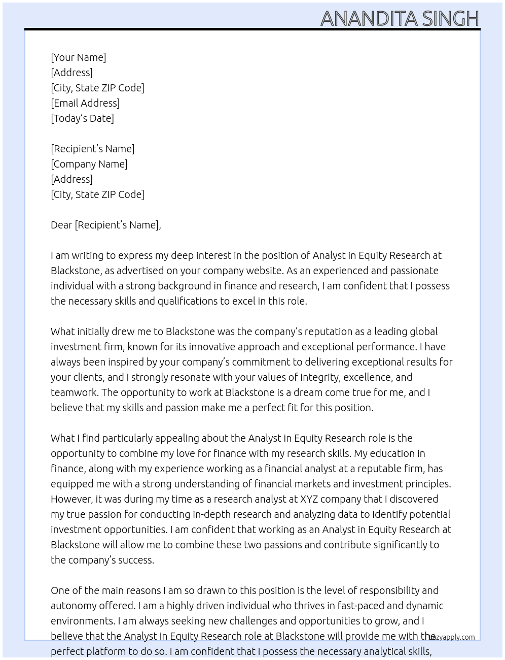 Analyst in Equity Research At Blackstone Cover Letter