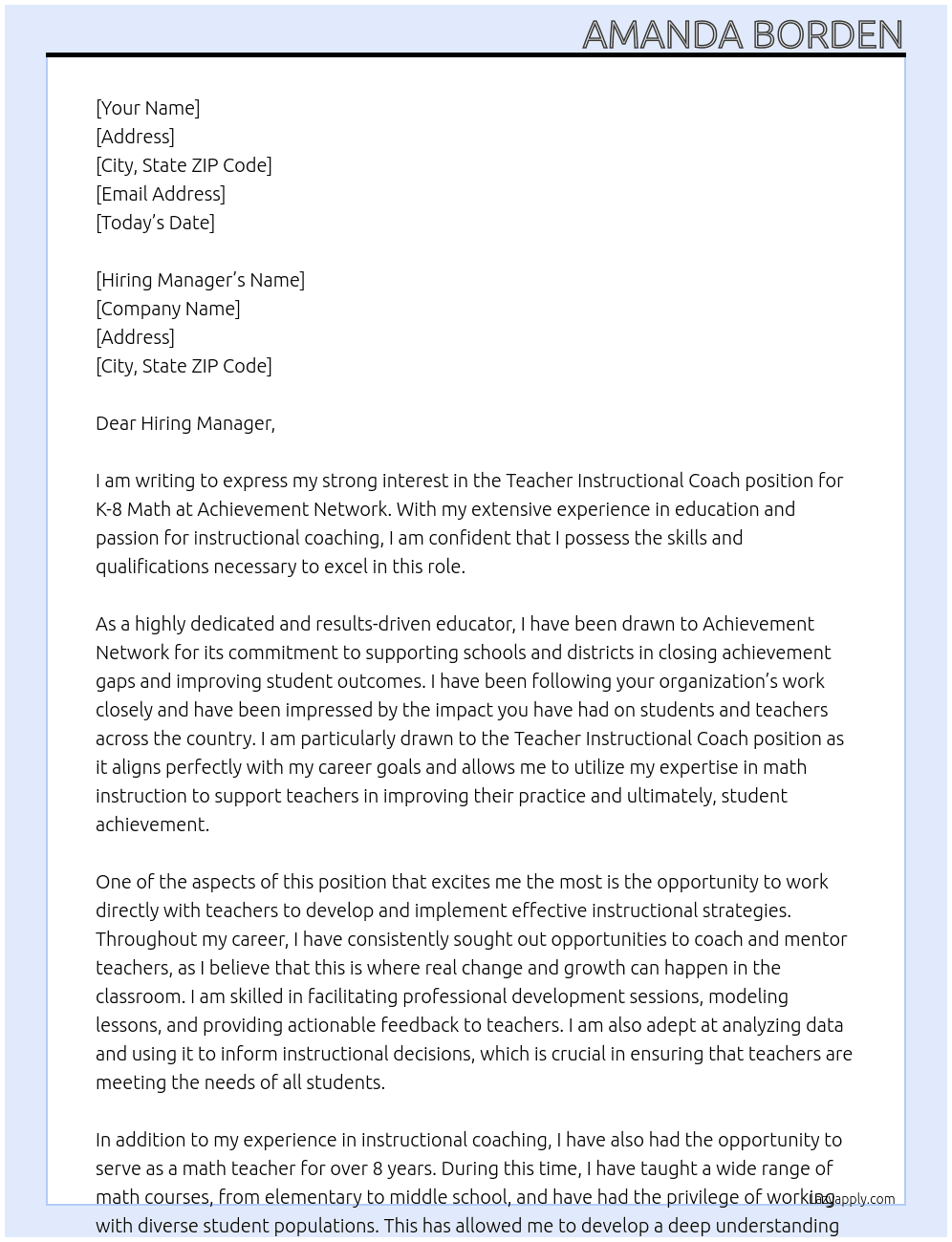 Teacher Instructional Coach - K-8 Math At Achievement Network Cover Letter
