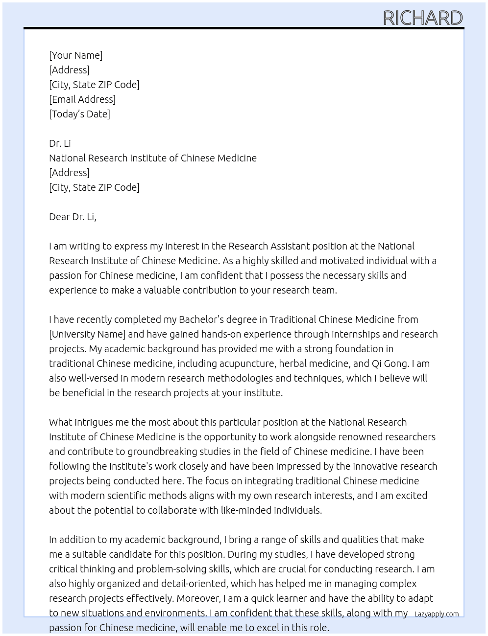 Research Assistant At National Research Institute of Chinese Medicine Cover Letter