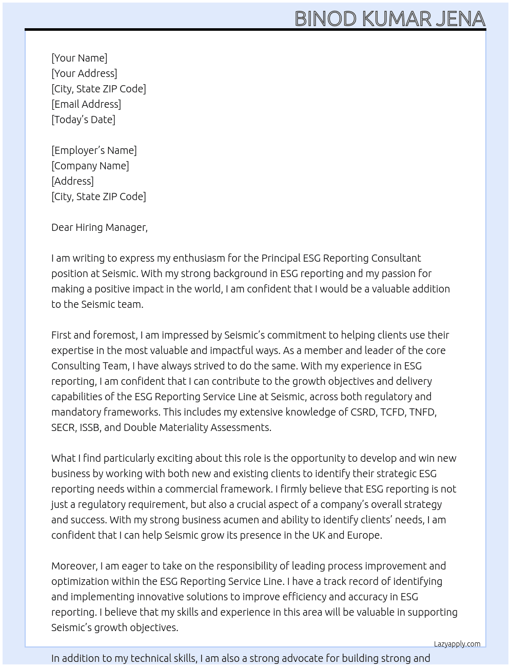 Principal ESG Reporting Consultant At Seismic Cover Letter