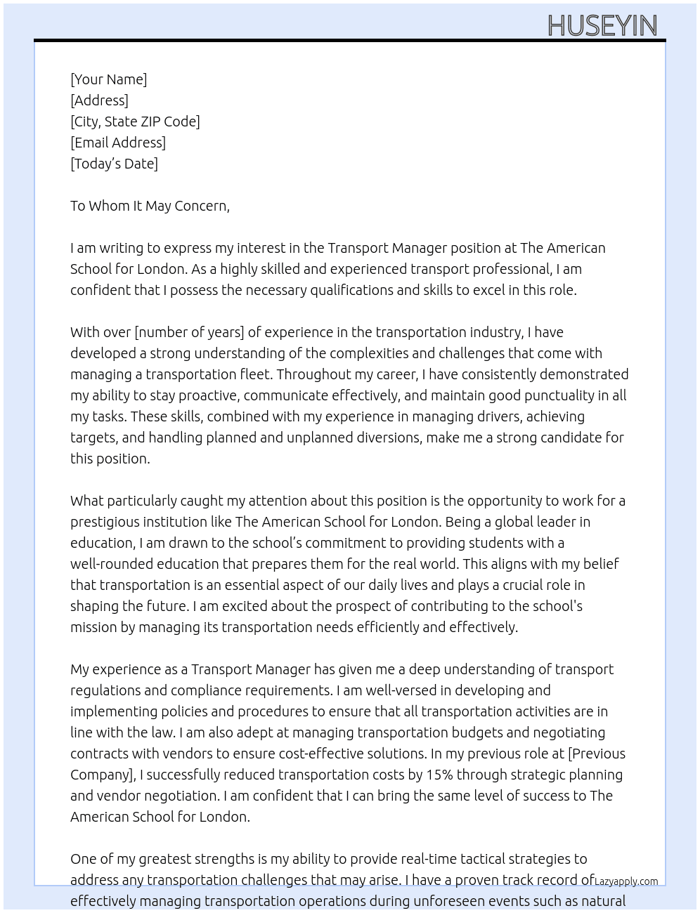 Transport manager At The American school for London Cover Letter