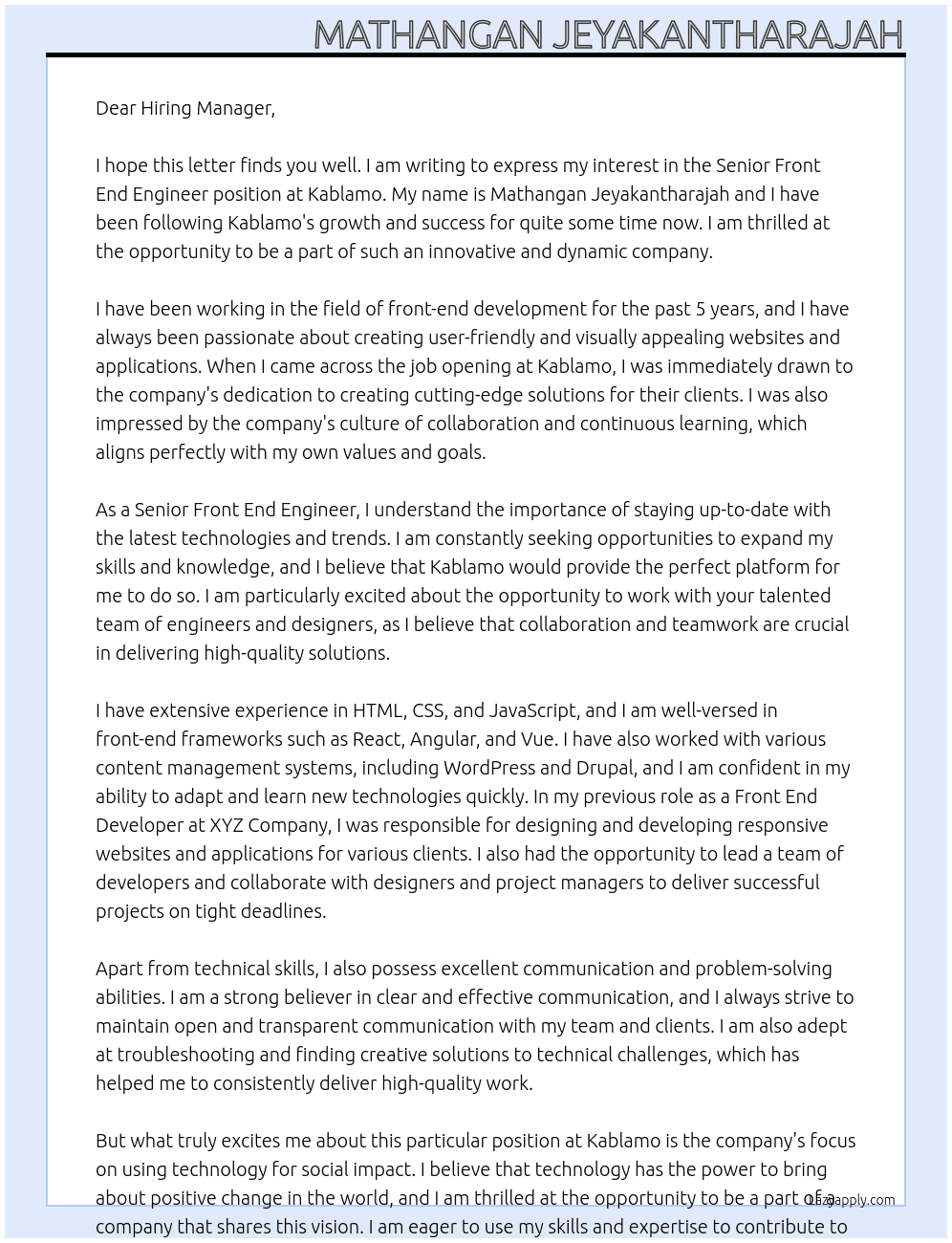 Senior Front End Engineer  At  Kablamo Cover Letter