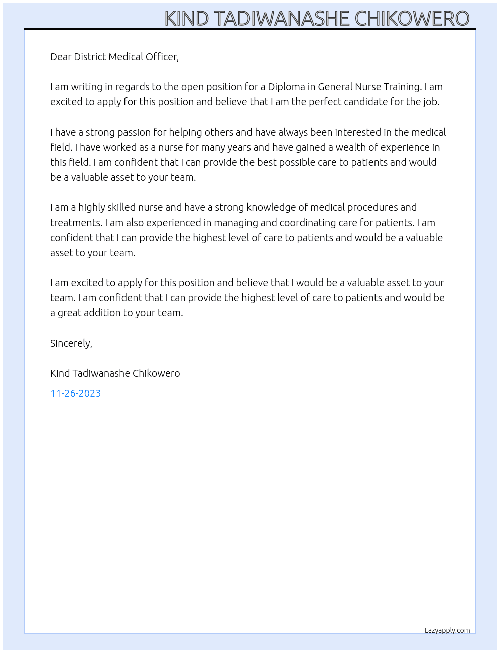 Diploma in General Nurse Training  At MoHCC Cover Letter