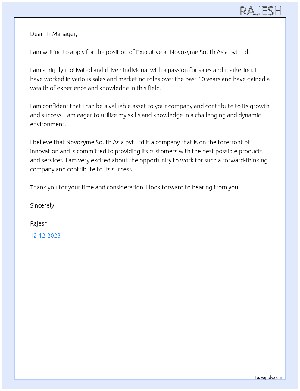 Executive  At Novozyme South Asia pvt Ltd  Cover Letter