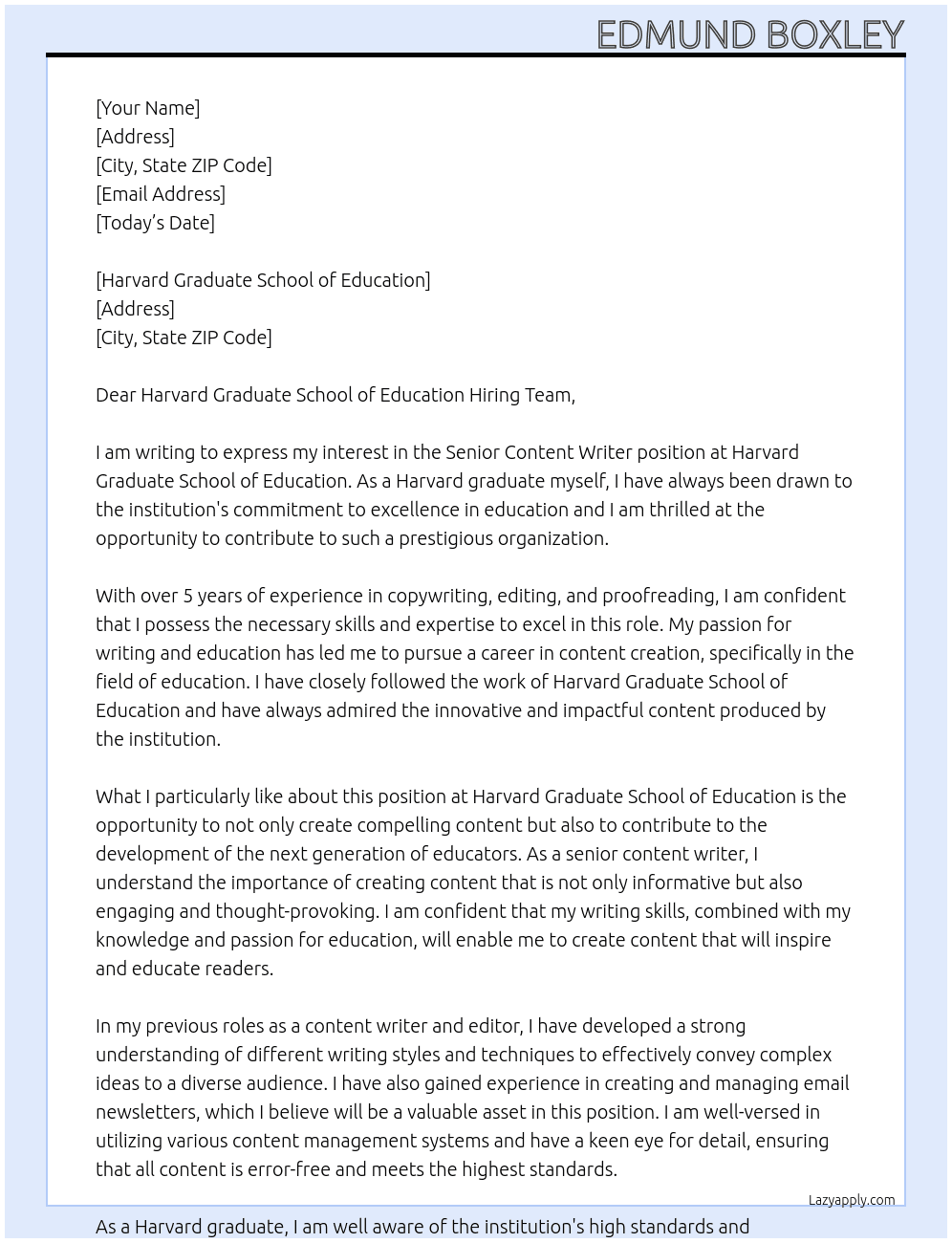 Senior Content Writer At Harvard Graduate School of Education Cover Letter