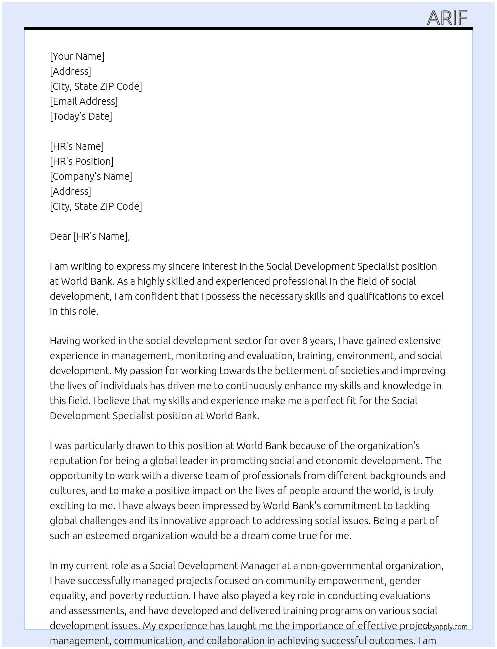Cover letter for social development specialist - LazyApply