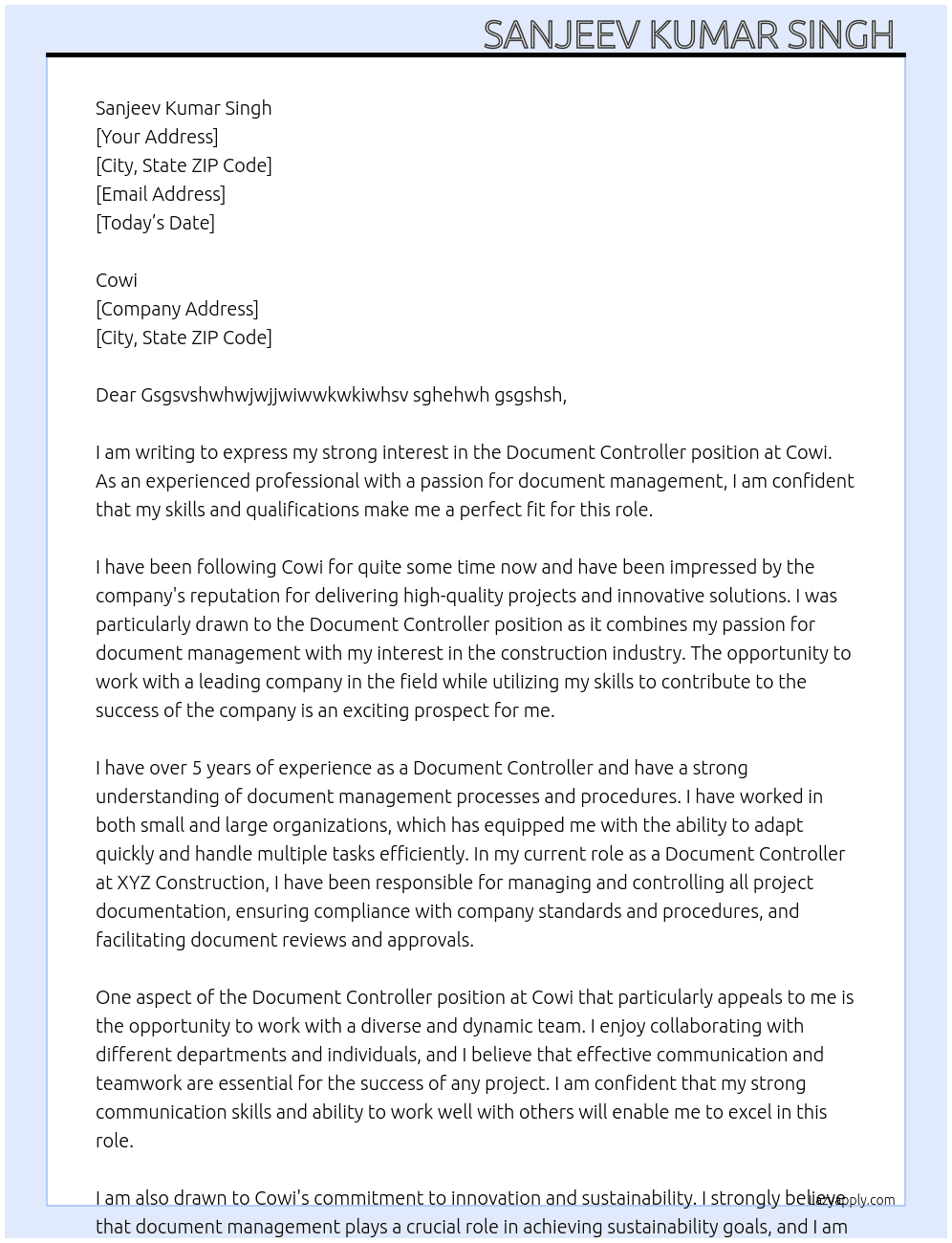 Document Controller  At Cowi Cover Letter