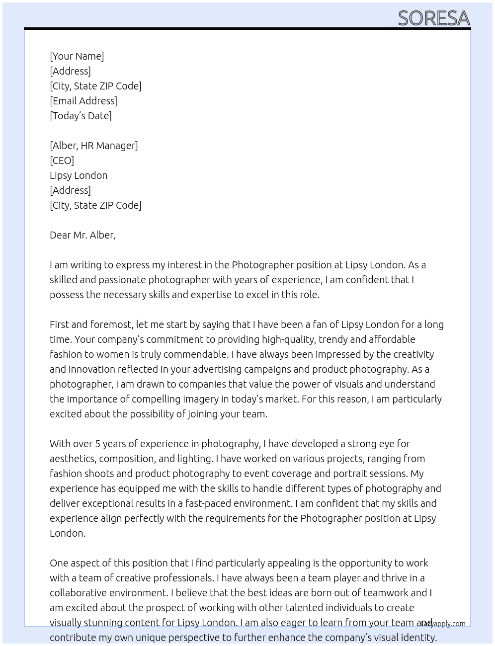 Photographer  At Lipsy London Cover Letter