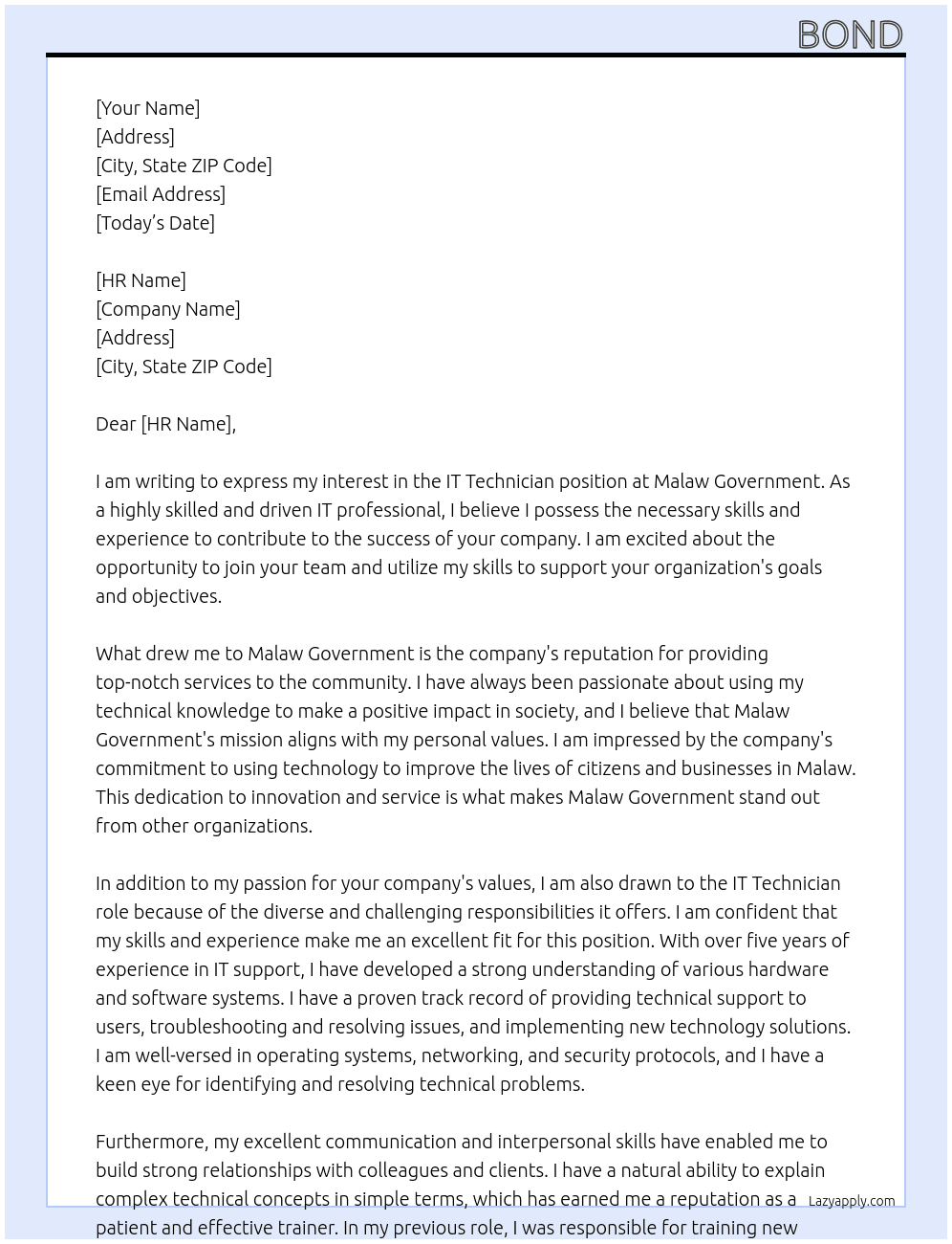 IT TECHNICIAN At MALAW GOVERNMENT Cover Letter
