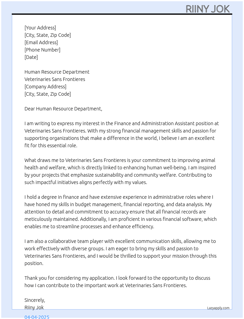 Finance and adminstration Assistant At Veterinaries Sans frontieres Cover Letter