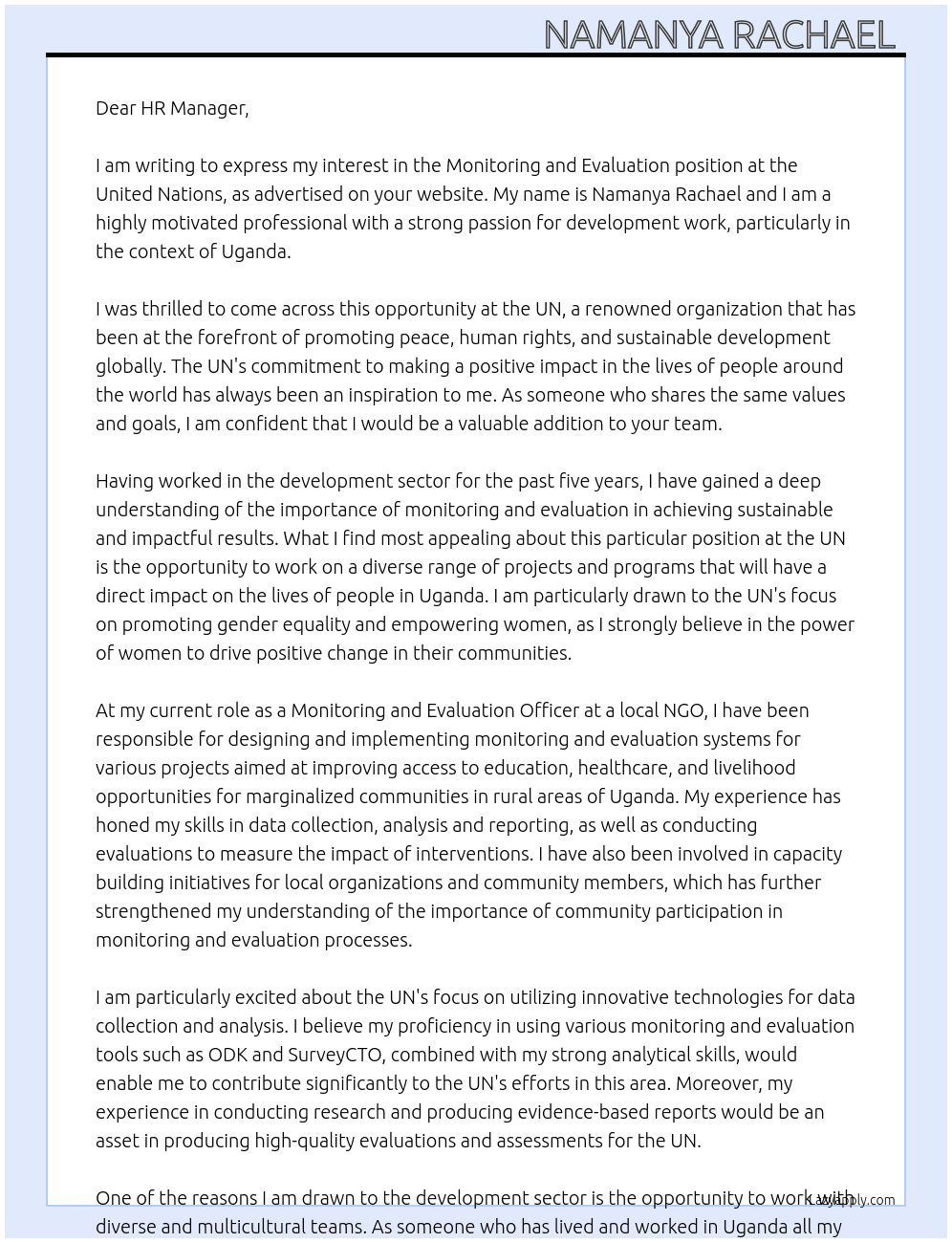 Monitoring and evaluation  At UN Cover Letter