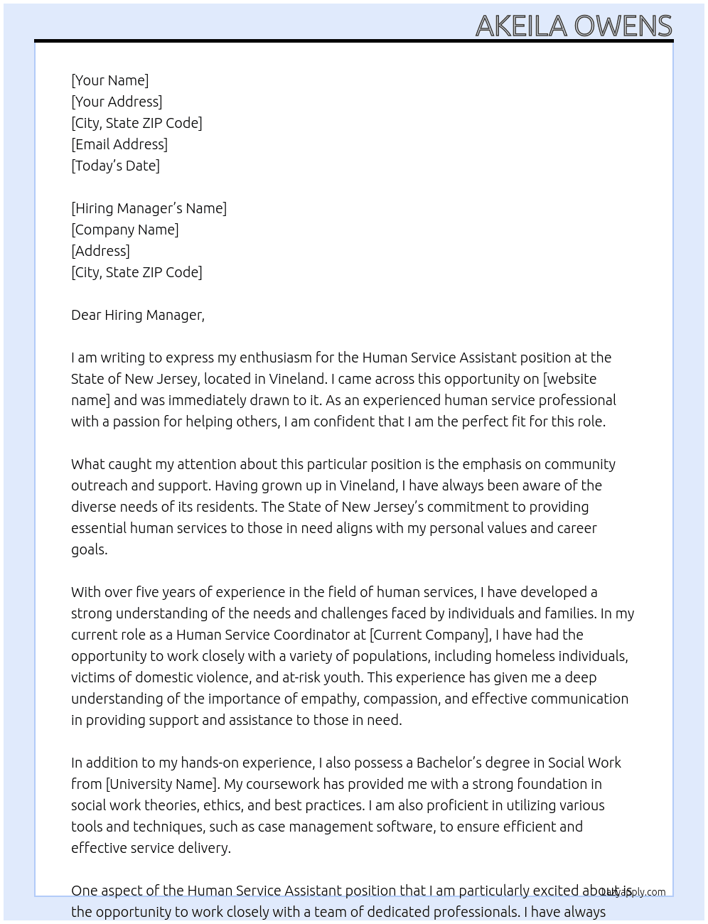 Human Service Assistant At State of New Jersey Cover Letter