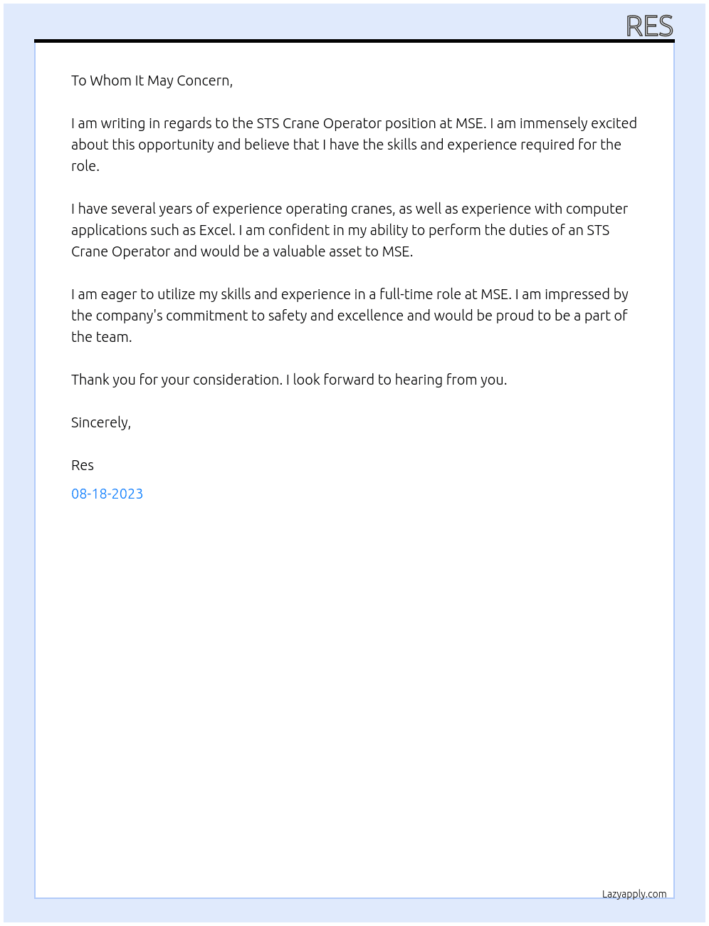 sts crane operator At mse Cover Letter