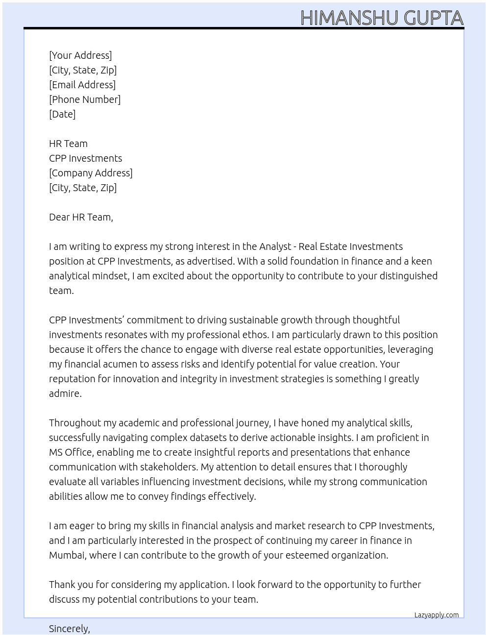 Analyst - Real Estate Investments At CPP Investments Cover Letter