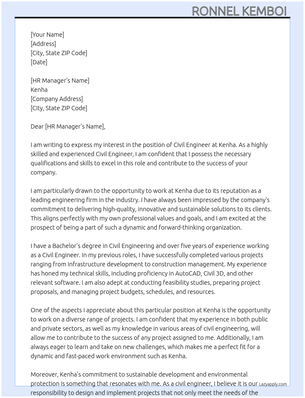 Civil engineer  At Kenha Cover Letter