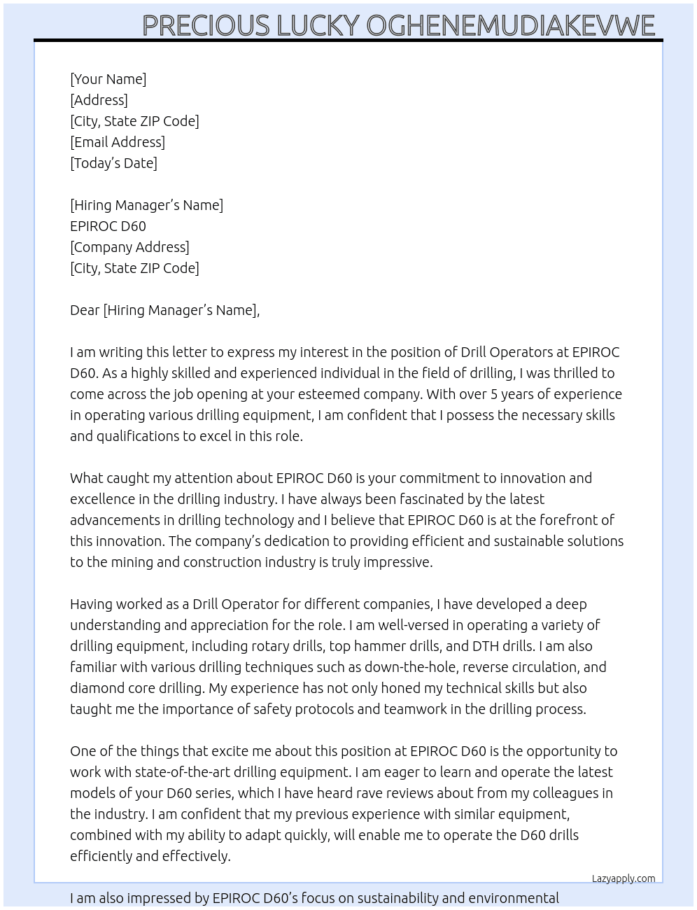 Drill Operators  At EPIROC D60 Cover Letter