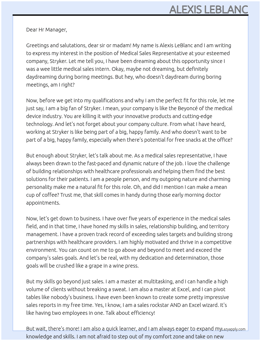 Medical Sales Representative  At Stryker Cover Letter