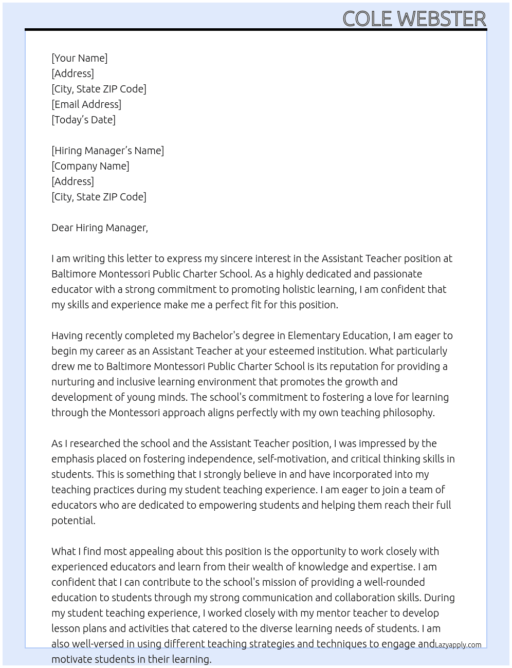 Assistant Teacher At Baltimore Montessori Public Charter School Cover Letter