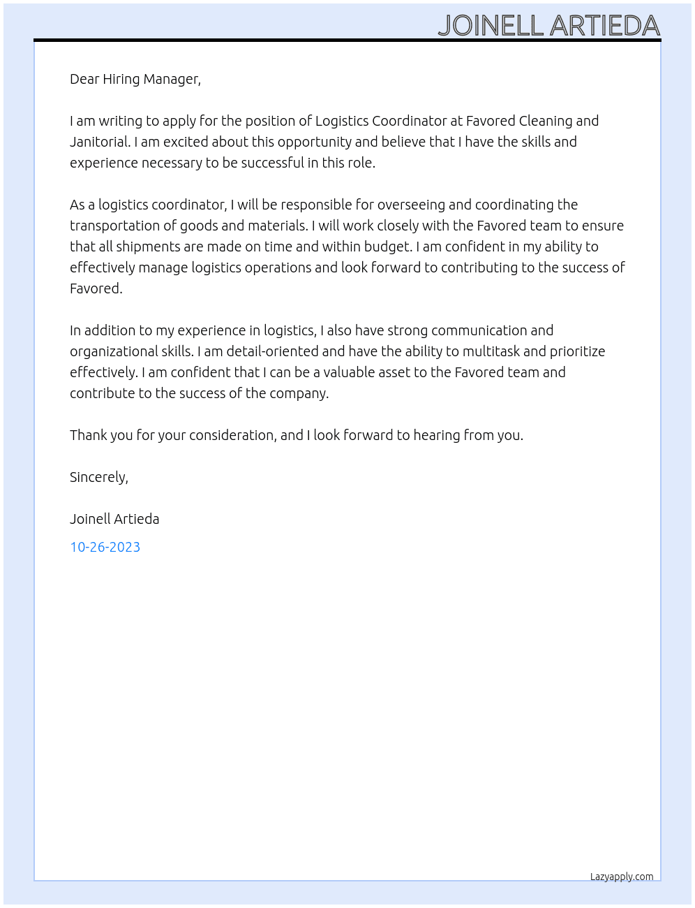 Logistics Coordinator At Favored Cleaning and Janitorial Cover Letter