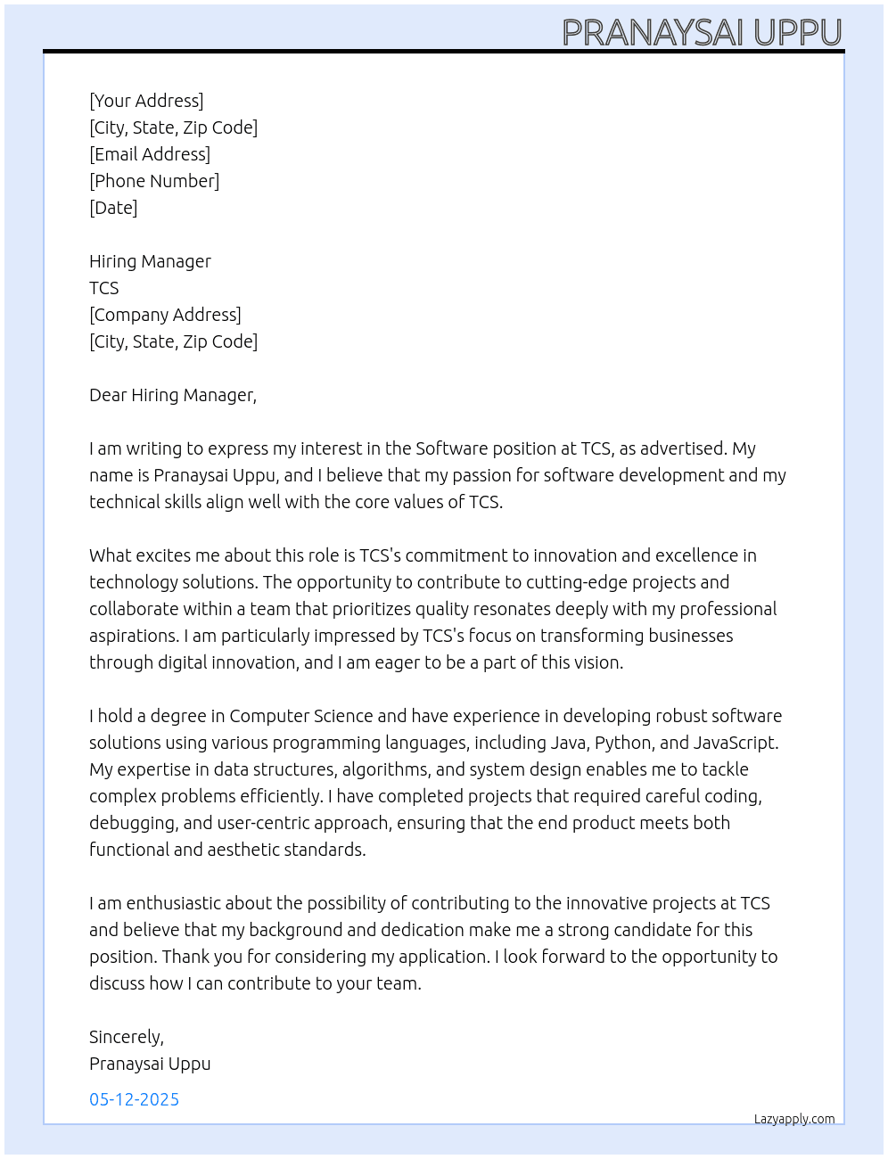 software At tcs Cover Letter