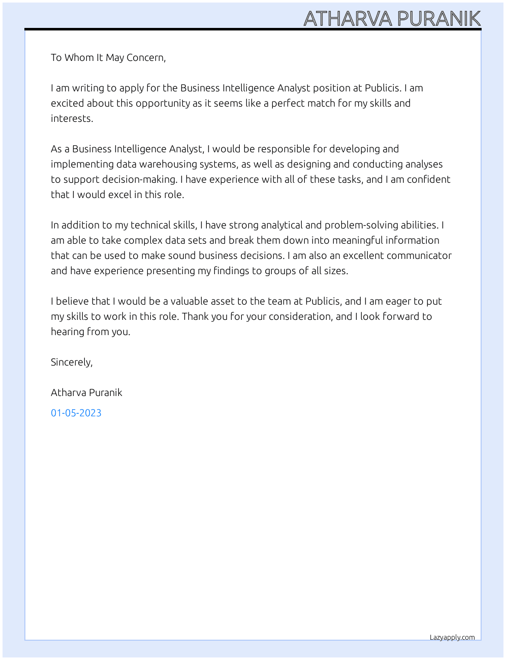 Business Intelligence Analyst At Publicis Cover Letter