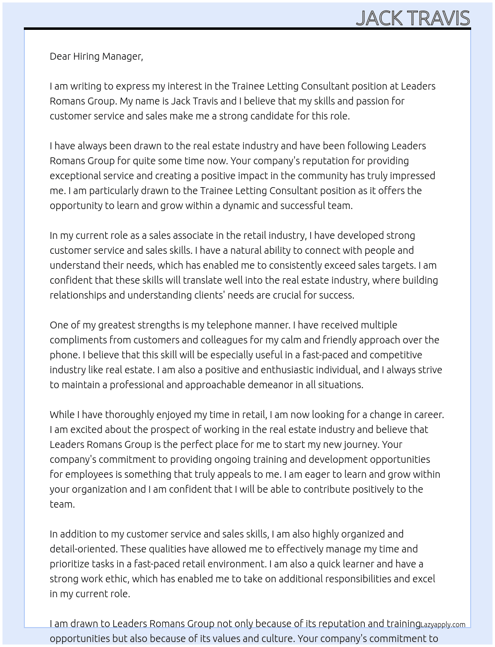 Cover letter for trainee letting consultant - LazyApply