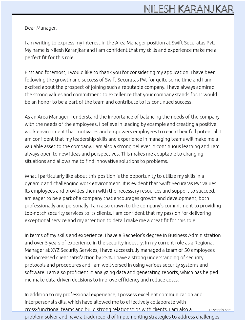 area manager  At Swift securatas pvt Cover Letter