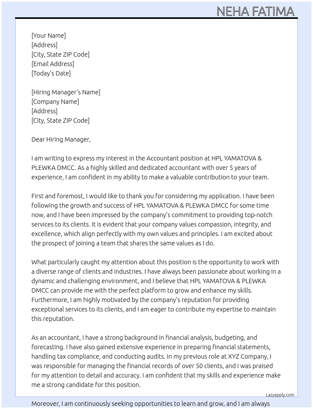 Accountant  At HPL YAMATOVA & PLEWKA DMCC Cover Letter